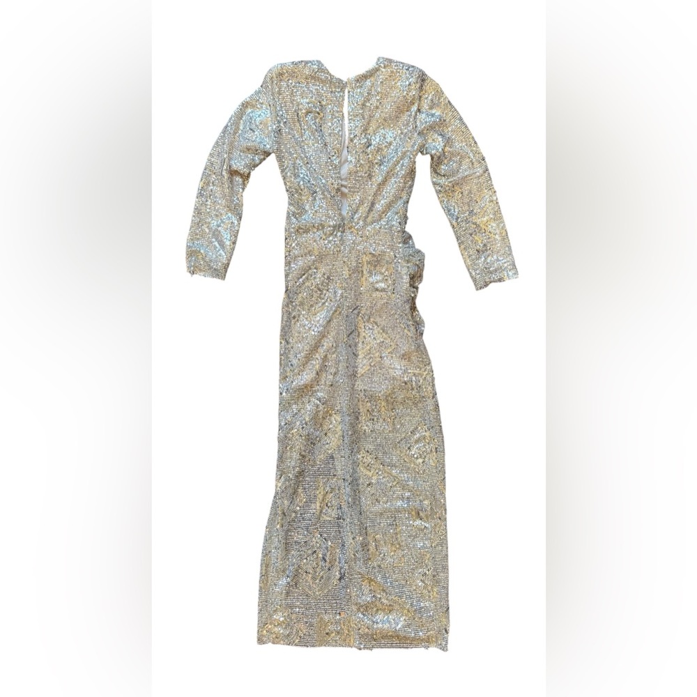 Zara Elegant silver Sequin Evening Gown - long sleeve, v-neck size small NWT - Picture 2 of 5